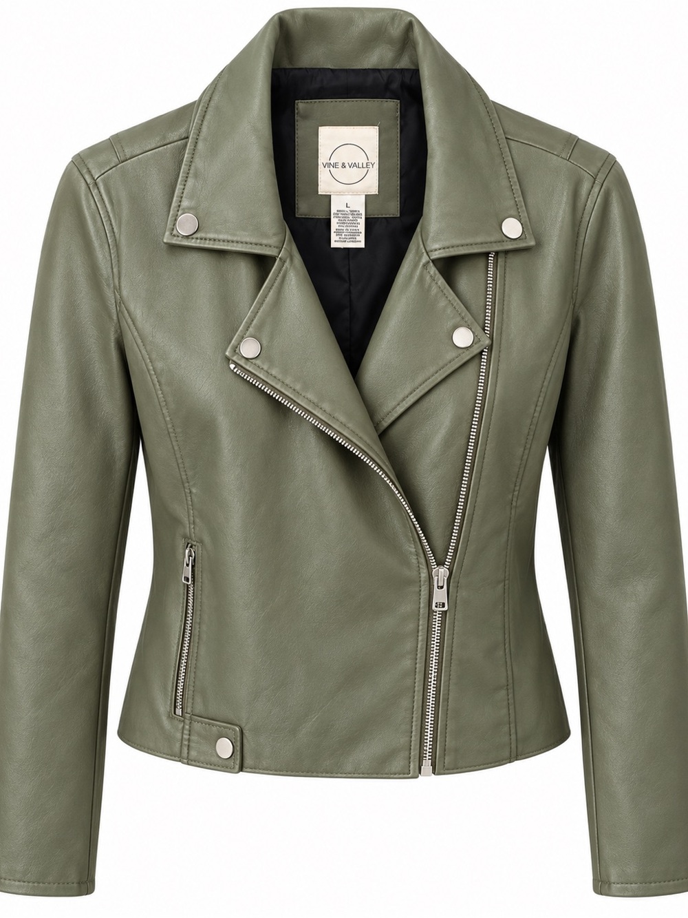 Vine & Valley Olive Green Faux Leather Moto Biker Jacket Size L